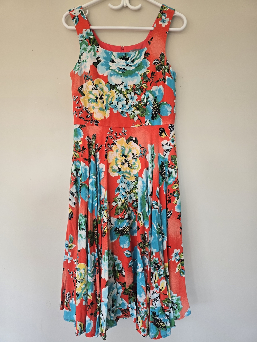 Coral Floral Midi Dress with Teal & Yellow Accents. Size 8 Women's. Vacation.